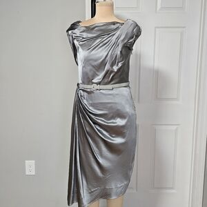 Byron Lars Beauty Mark, Silver Draped Cocktail Dress, Size 8